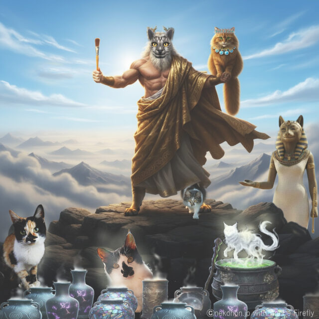神様の元で模様をつけるインク瓶に顔突っ込んじゃった猫の加工画像。猫神、猫女神、猫たち、並んだ壺、山の上、空