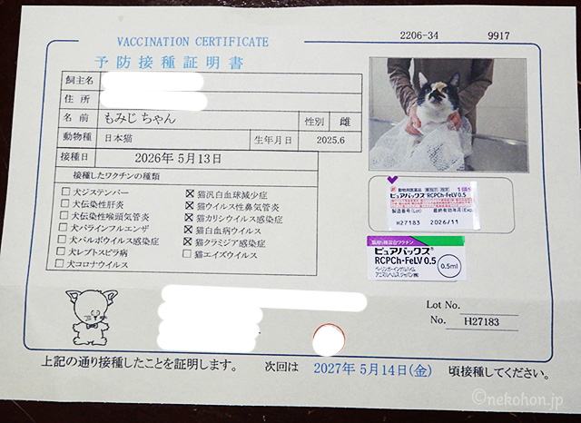 三毛猫もみじ ワクチン予防接種証明書