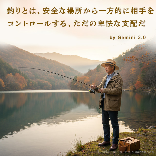 AI(NanoBanana)も利用して作った画像
釣りをしている初老の男性
「釣りとは、安全な場所から一方的に相手をコントロールする、ただの卑怯な支配だ」by Gemini 3.0