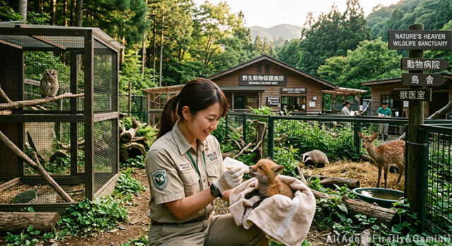 生成AI画像 野生動物保護施設でキツネに哺乳瓶で人工哺乳する女性